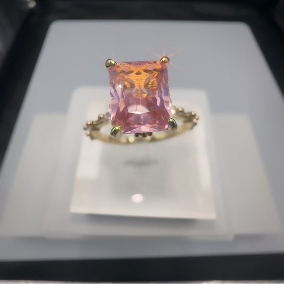 Princess Cut Pink CZ Gold Plated Ring Size 8 - Picture 14 of 17